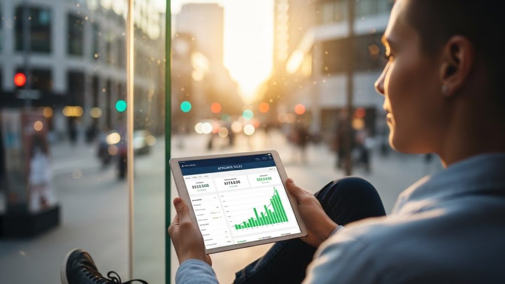 Empreendedor digital verificando resultados de vendas como afiliado de autoridade.