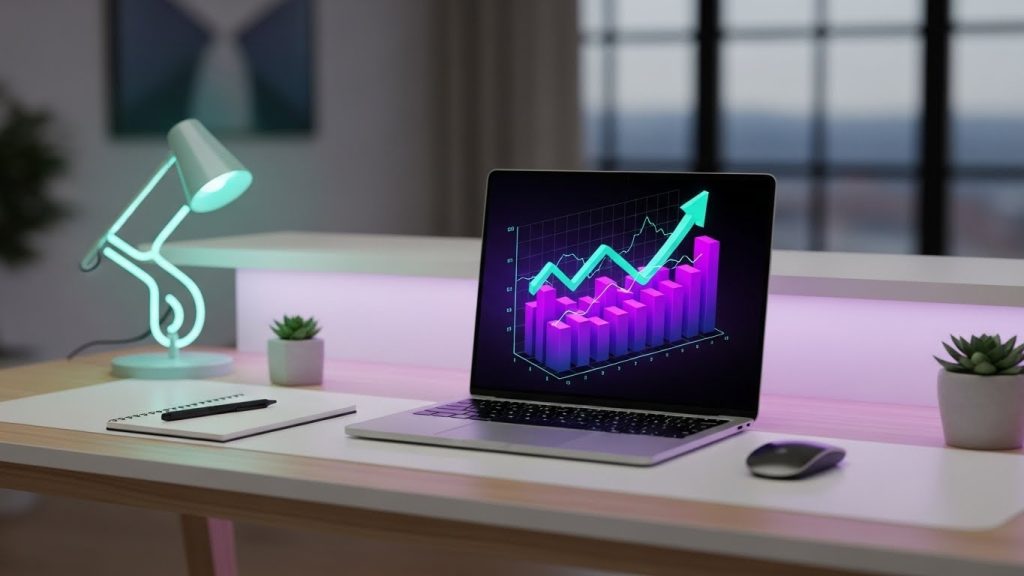 Setup de trabalho moderno exibindo o crescimento do Pinterest como Ativo Financeiro.