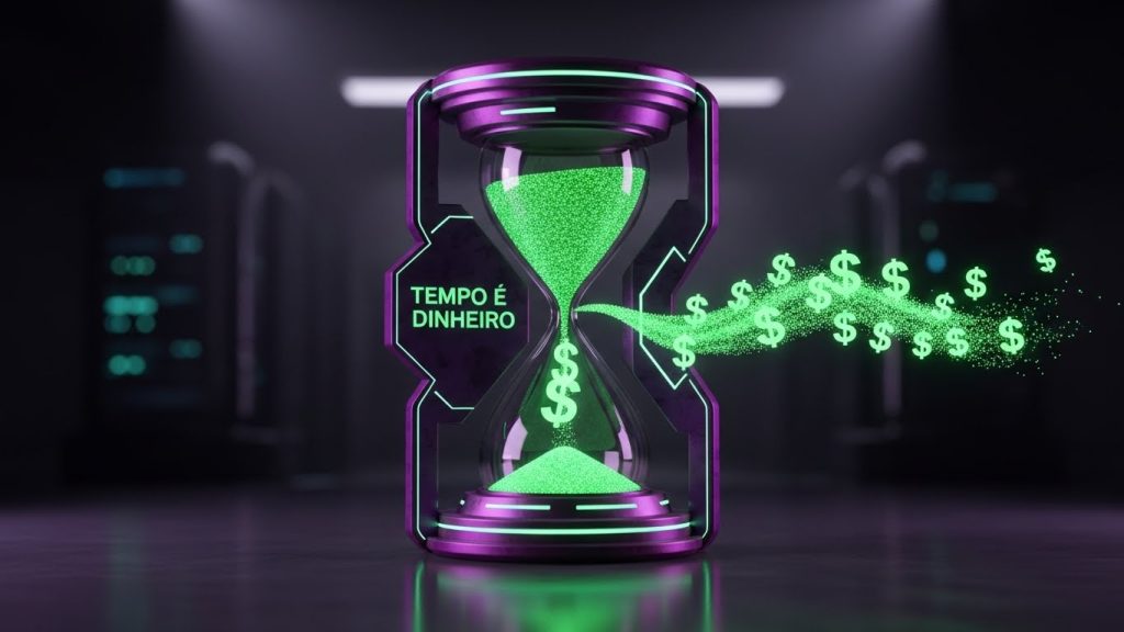 Infográfico 3D mostrando o fluxo de dinheiro saindo de um smartphone e indo para uma carteira digital.