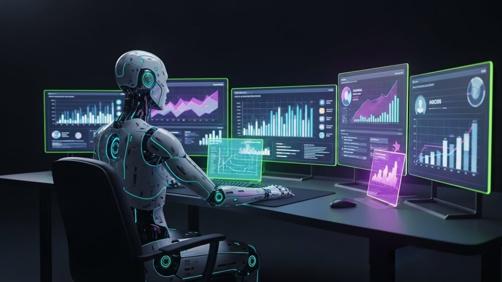 Robô futurista operando vários terminais de computador que exibem vendas e tráfego, cores neon verde e roxo.