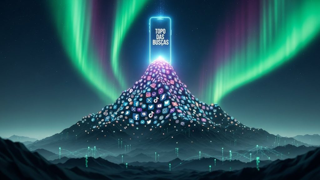 Um perfil de Instagram no topo de uma montanha digital simbolizando o alcance do topo das buscas.