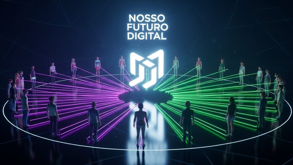 Um grupo de pessoas digitais conectadas por feixes de luz neon, formando uma rede de lealdade à marca.