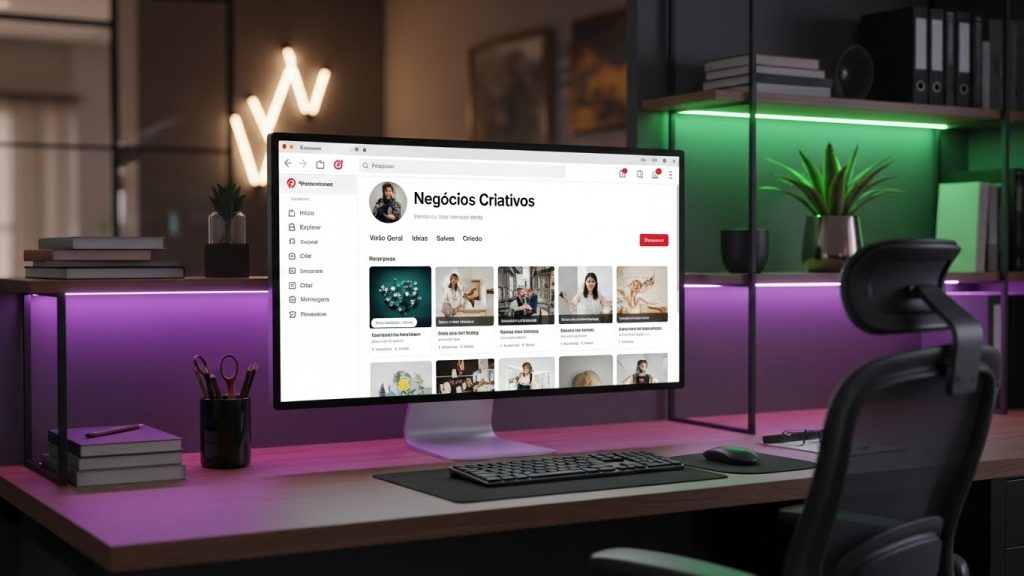 Um criador de conteúdo digital organizando pastas e pins em um ambiente de design moderno.