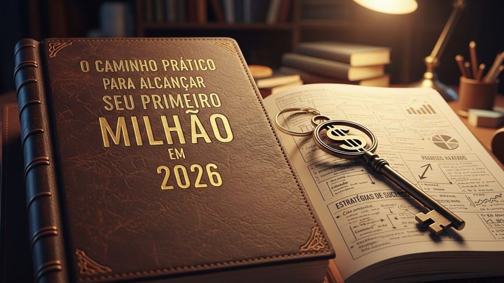 Uma escadaria digital iluminada em neon verde e roxo que leva a um símbolo de um milhão de reais.