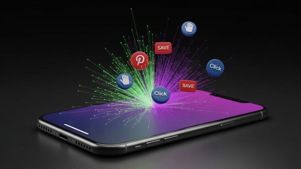 Ilustração de um telemóvel a emanar partículas de luz que se transformam em ícones de "clique" e "guardar", cores verde e roxo.