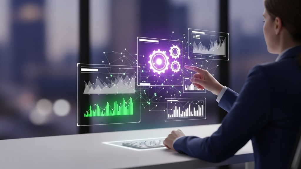 Profissional em um escritório moderno visualizando hologramas de dados e engrenagens digitais, cores verde e roxo.