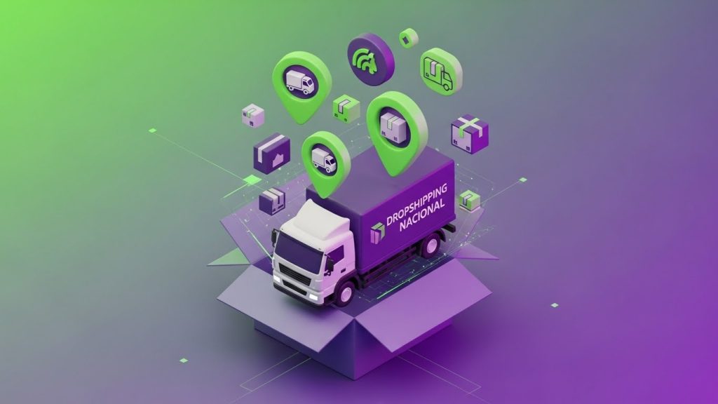 Ilustração 3D de um caminhão de entrega saindo de uma caixa de papelão digital com ícones de localização, nas cores verde e roxo.