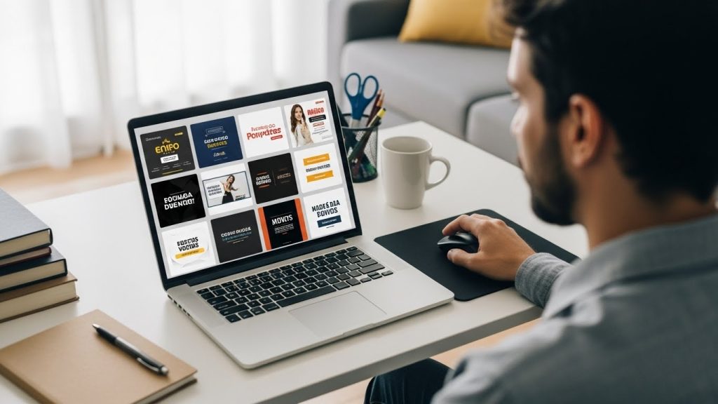 Ilustração de uma pessoa a dar notas de 5 estrelas a banners publicitários digitais num ecrã flutuante, cores verde e roxo.