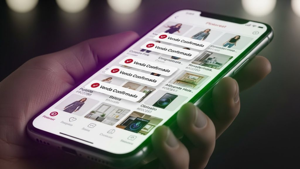 nterface do Pinterest no celular mostrando notificações de vendas e lucros em roxo e verde neon.