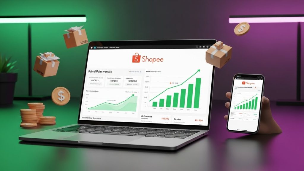Notebook e smartphone exibindo painel de vendas da Shopee com gráficos de crescimento verdes e roxos.