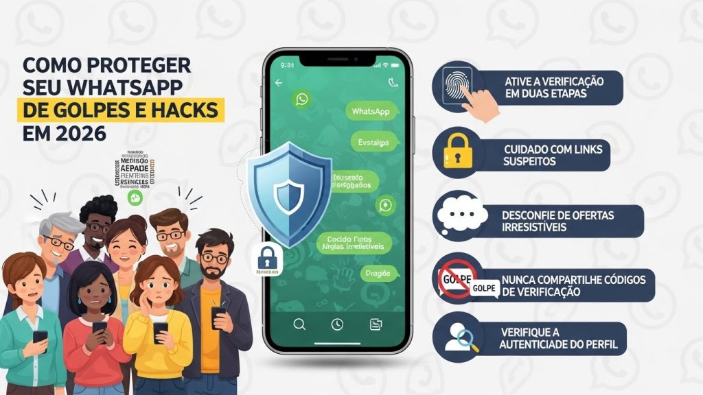 Um smartphone envolto por um escudo de energia brilhante com um cadeado central, nas cores neon verde e roxo.