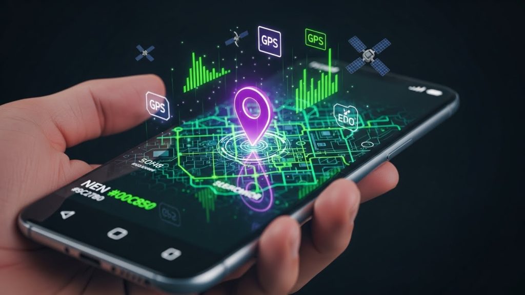 Smartphone exibindo um mapa digital com um ícone de localização pulsante em verde e roxo. 