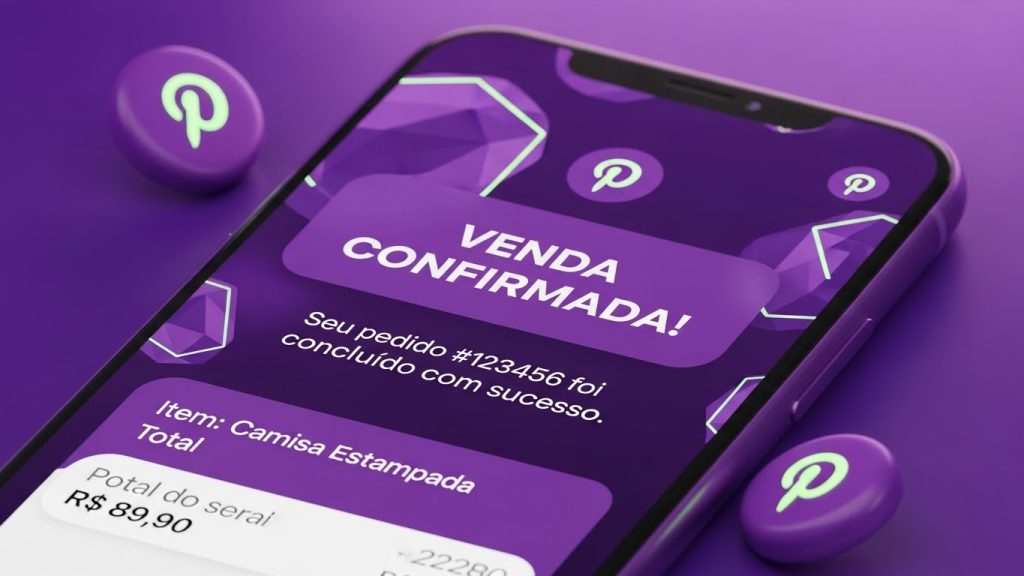 Ecrã de smartphone com notificação de venda realizada através do Pinterest SEO Avançado.