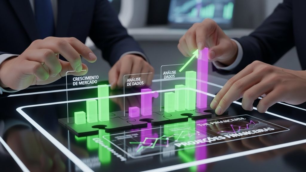 Uma pessoa a ajustar peças de um puzzle digital que se transformam em barras de lucro verdes e brilhantes.