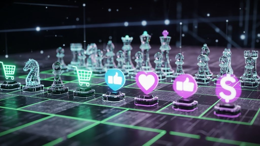 Um tabuleiro de xadrez digital onde as peças são ícones de e-commerce e redes sociais, cores verde e roxo.