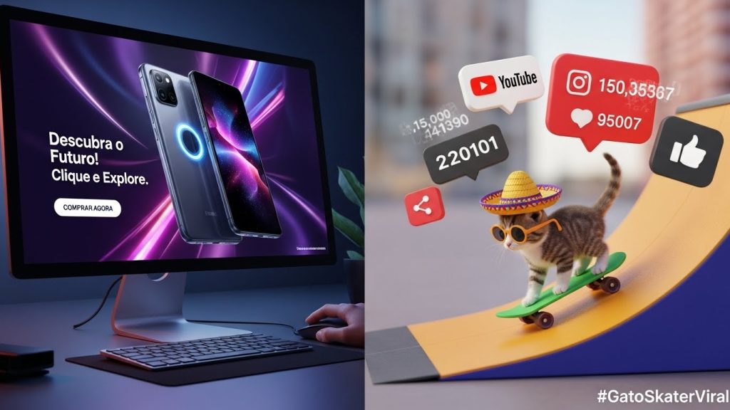 Paleta de cores moderna com formas geométricas flutuantes em verde e roxo, simbolizando design gráfico de alta performance.

Descrição: A estética visual como fator de clique e viralização.