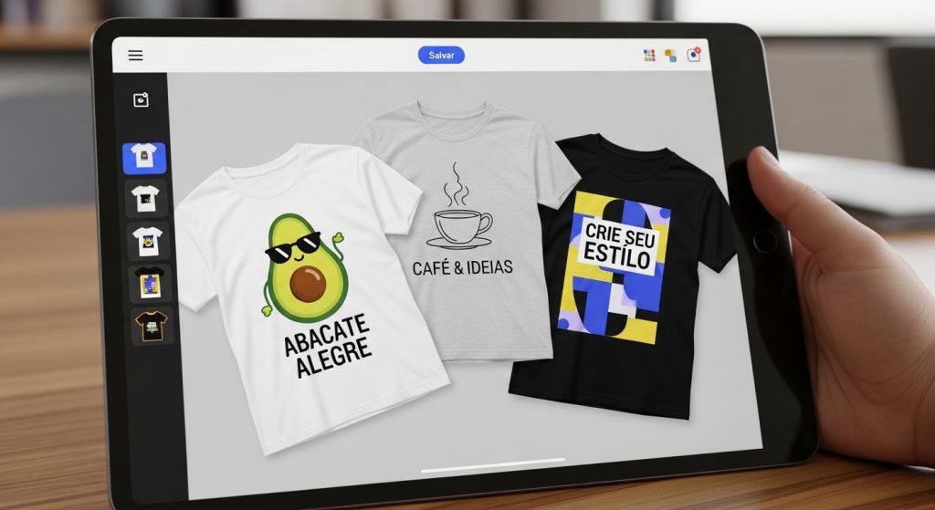 Tablet mostrando mockup de camisetas personalizadas com design criativo.