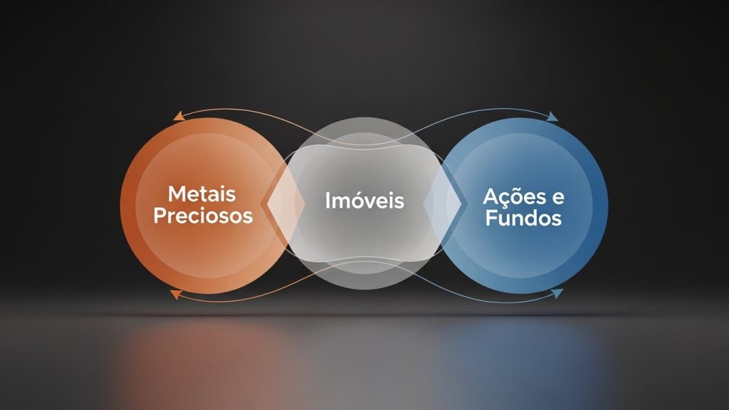 Infográfico 3D mostrando a divisão de uma carteira de investimentos com moedas e ícones de crescimento.