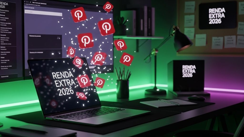 Um notebook exibindo um painel de vendas com ícones do Pinterest flutuando em tons de roxo e verde neon.