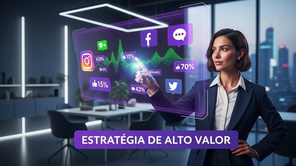 Uma profissional de marketing digital apresentando uma estratégia de sucesso em uma tela holográfica.