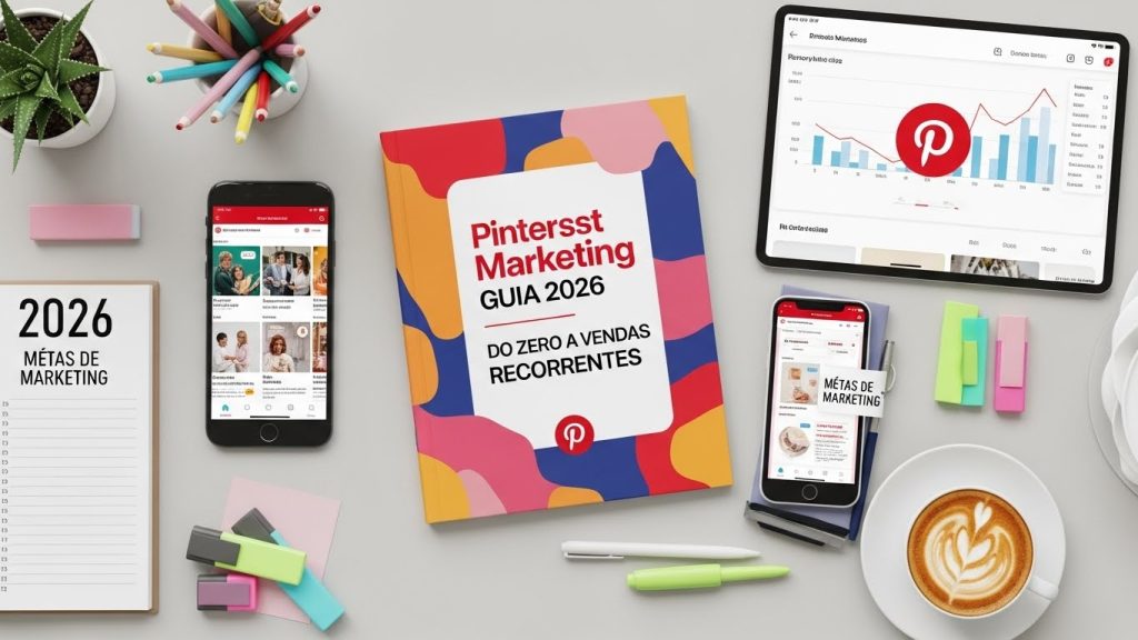 Interface futurista do Pinterest mostrando Pins de alta performance com elementos em roxo e verde neon.