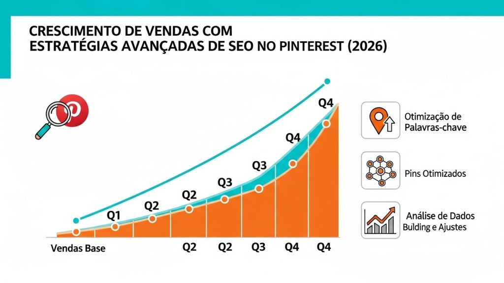 Gráfico de crescimento de vendas utilizando estratégias de Pinterest SEO Avançado em 2026.