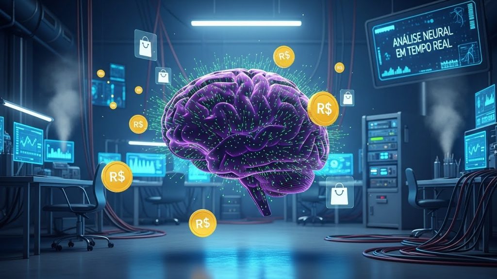Representação 3D de um cérebro humano conectado a ícones de desejo e moedas em roxo e verde neon.