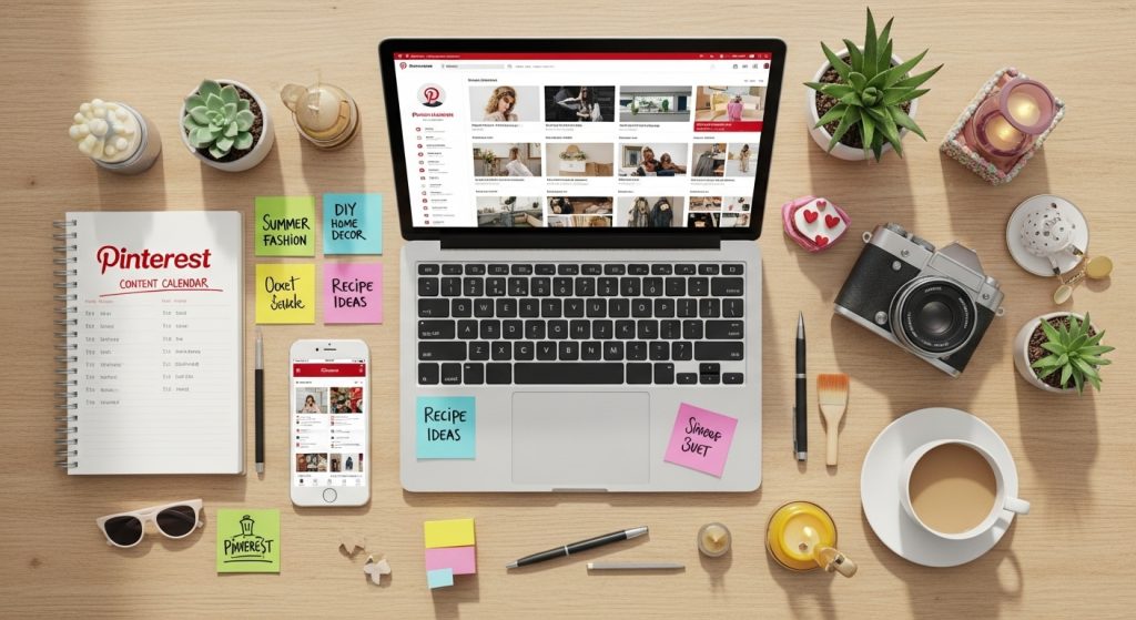 Tablet exibindo painel do Pinterest Analytics com gráficos de crescimento, representando ideias de negócios lucrativos.
