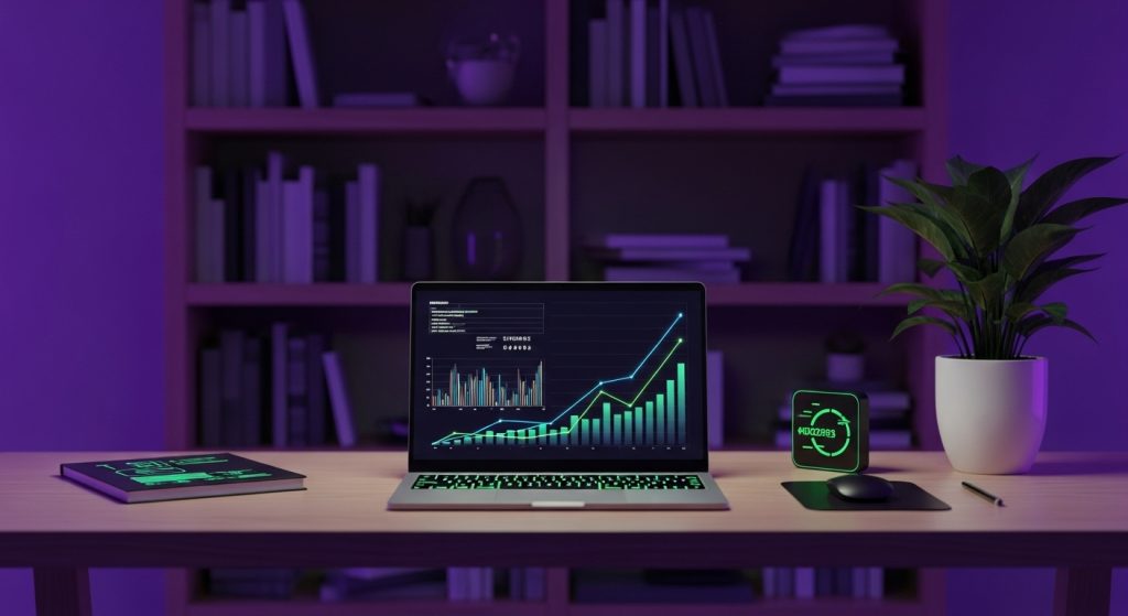 Setup de home office moderno com iluminação roxa e verde, representando ideias de negócios lucrativos para 2026