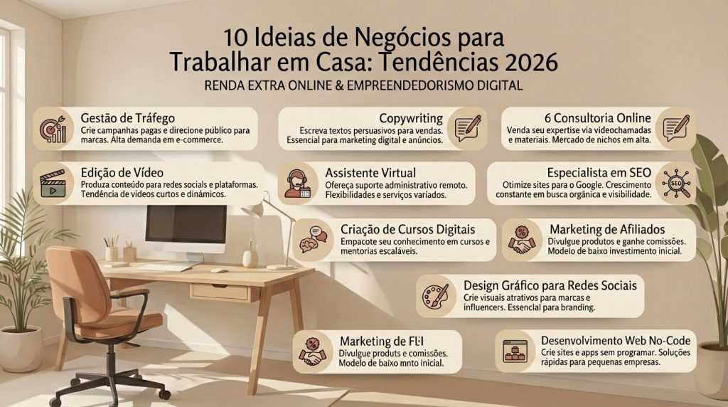 Mulher empreendedora analisando hologramas de dados em um home office futurista.