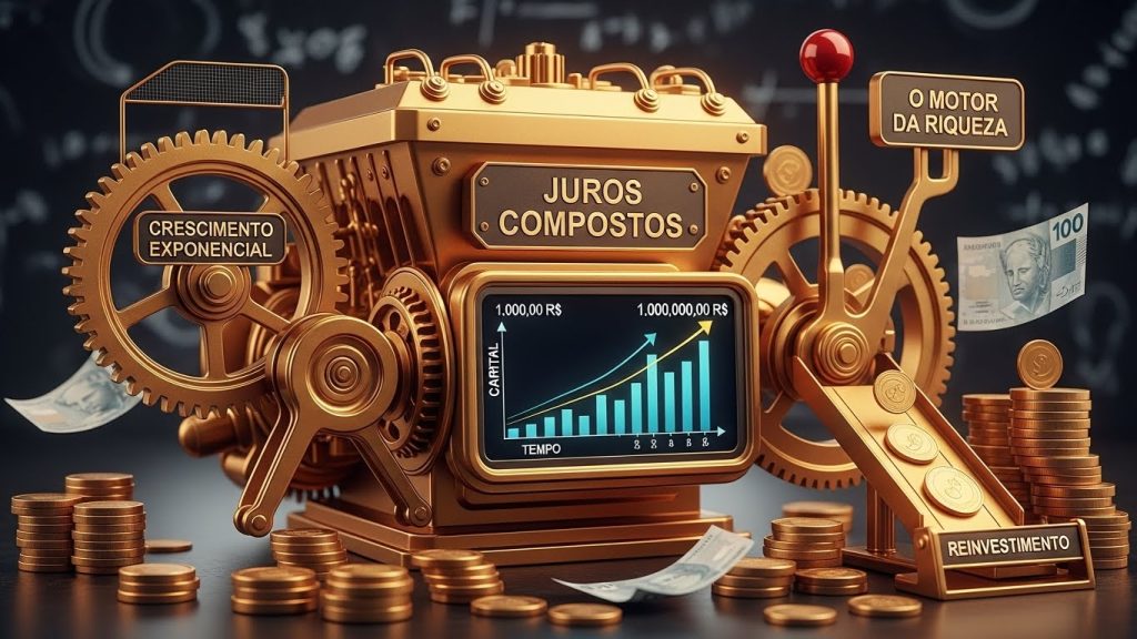 Uma bola de neve feita de notas de dinheiro crescendo enquanto desce uma montanha de gráficos financeiros.