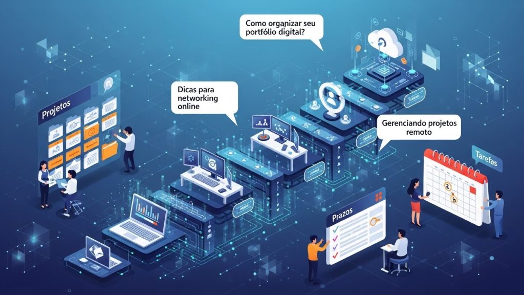 Um checklist digital flutuando sobre uma mesa de escritório, com itens sendo marcados como concluídos em neon verde e roxo.