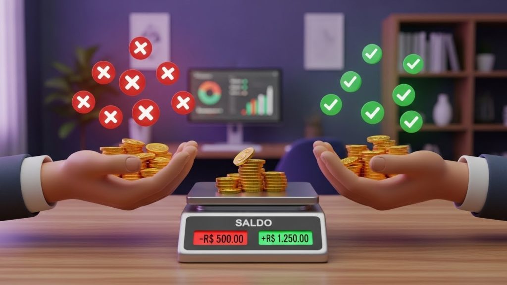 Mãos segurando moedas em uma balança digital com ícones negativos e cores roxas e verdes neon.