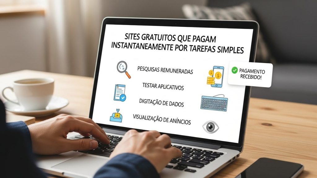 Pessoa segurando smartphone com notificações de recebimento de valores em dinheiro e logotipos de moedas digitais. 