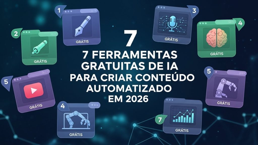 Braço robótico futurista segurando um pincel digital e desenhando ícones de redes sociais e texto em neon verde e roxo.