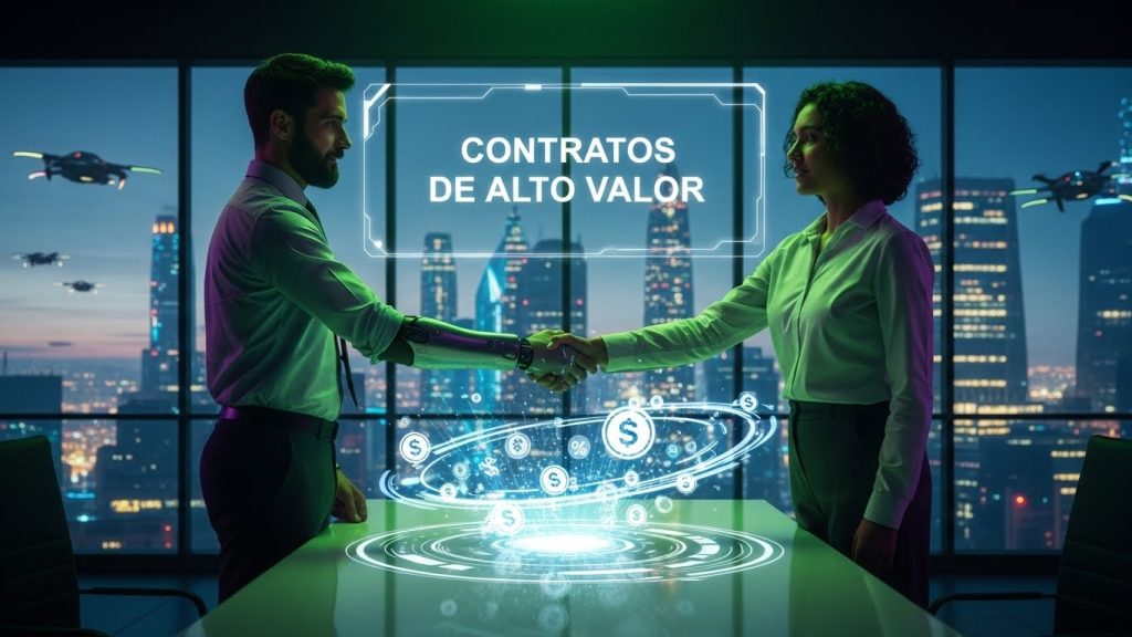 Dois empresários apertando as mãos virtualmente com símbolos de porcentagem e lucro flutuando ao redor.