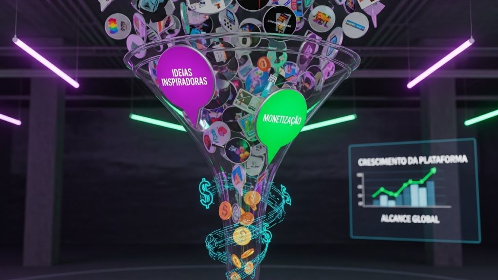 Uma tela de computador mostrando um funil de vendas onde Pins se transformam em moedas de ouro.