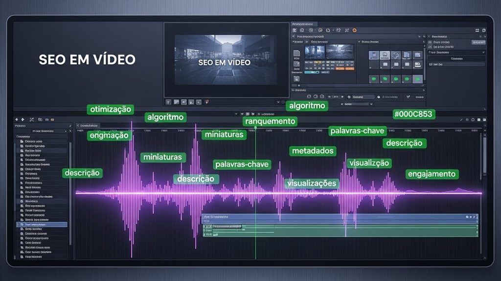 Um editor de vídeo futurista com ondas sonoras transformando-se em palavras-chave de alto tráfego.