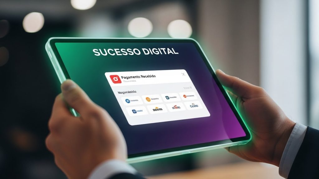 Uma pessoa segurando um tablet com notificações de pagamento e parcerias bem-sucedidas no digital.