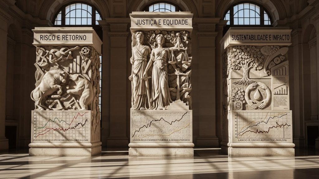 Três colunas monumentais de vidro e neon sustentando uma esfera de ouro, representando os pilares do milhão.