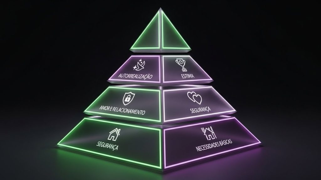  Infográfico 3D da Pirâmide de Maslow com cores neon roxo e verde, focada em níveis de consumo.