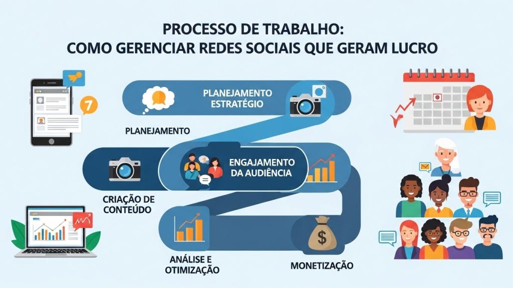 Um workspace moderno com múltiplos ecrãs mostrando calendários editoriais e métricas de redes sociais em roxo e verde.