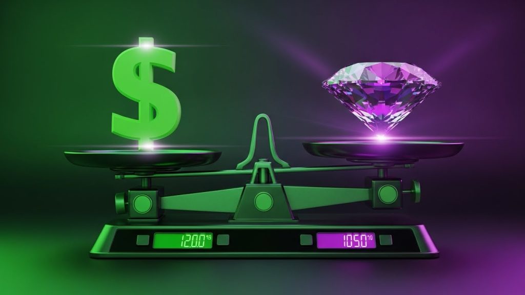  Uma balança digital equilibrando um símbolo de cifrão de um lado e um diamante brilhante do outro, em tons de verde e roxo.