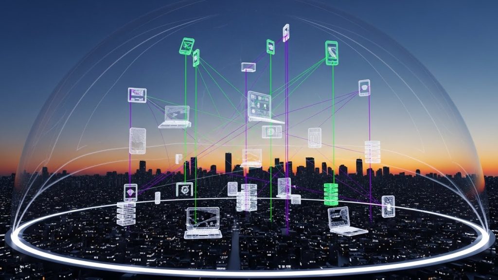 Uma rede neural de conexões seguras interligando vários dispositivos sob uma cúpula de proteção verde e roxa.