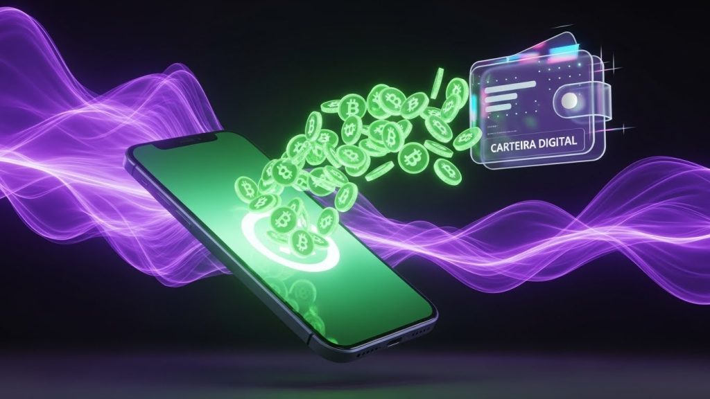 Infográfico 3D mostrando o fluxo de dinheiro saindo de um smartphone e indo para uma carteira digital.