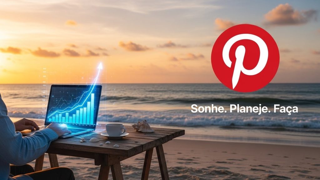 Uma pessoa trabalhando calmamente em uma praia com um gráfico de lucros subindo no fundo digital.