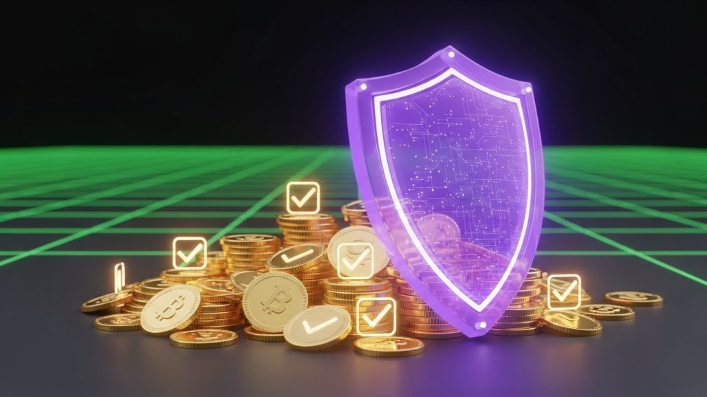 Escudo digital protegendo pilhas de moedas e ícones de sites, representando segurança em sites de renda extra