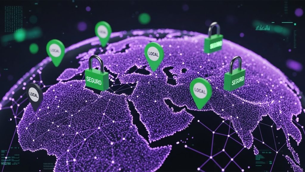 Rede de conexões globais com ícones de cadeado e localização, simbolizando segurança digital.
