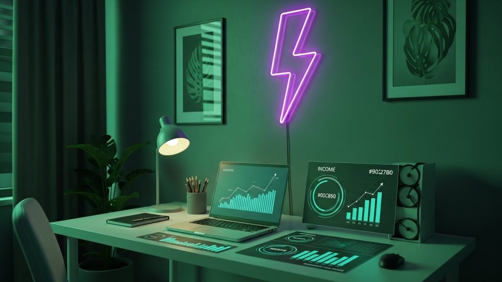 Pessoa trabalhando remotamente em um ambiente confortável com elementos gráficos de crescimento financeiro em verde e roxo. 