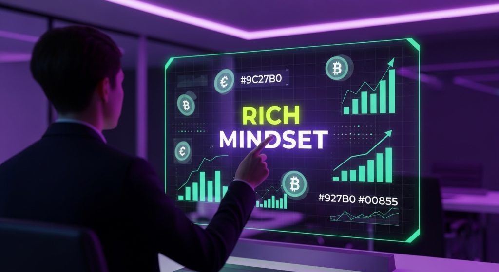 Um criador de conteúdo visualizando um holograma de crescimento financeiro com a Psicologia do Enriquecimento Digital.